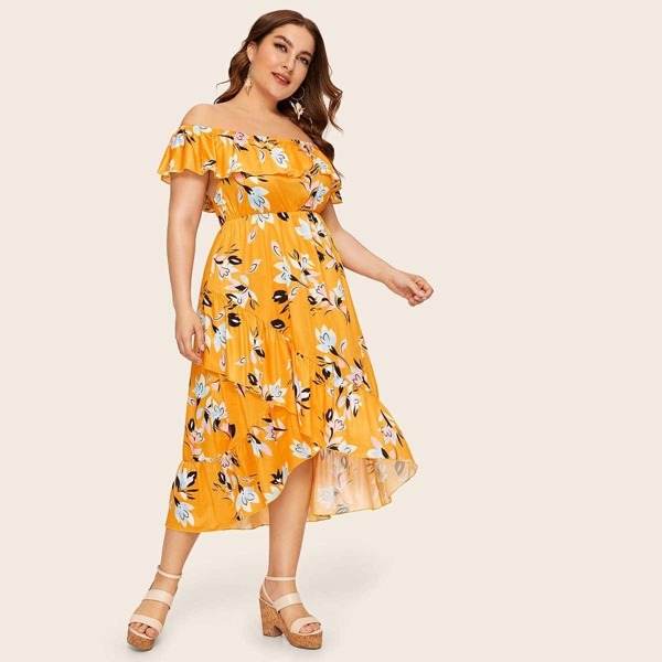 

Plus Floral Print Tulip Hem Bardot Dress