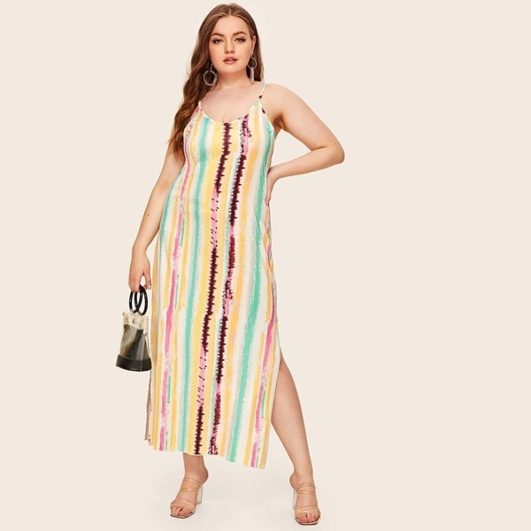 

Plus Striped Split Side Cami Dress, Multicolor