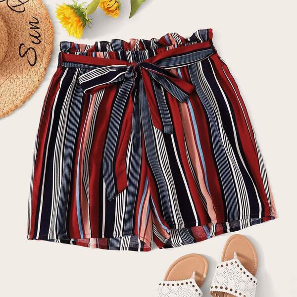 

Plus Striped Self Tie Paper Bag Shorts, Multicolor