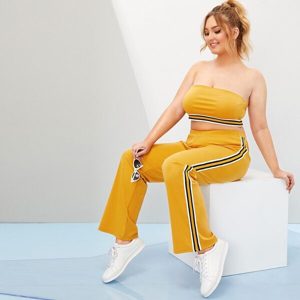 

Plus Contrast Taped Tube Top With Pants, Yellow
