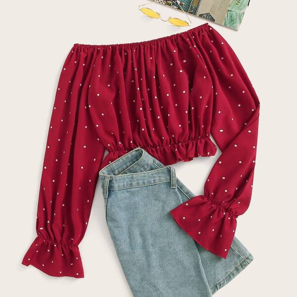 

Polka Dot Off The Shoulder Frill Blouse