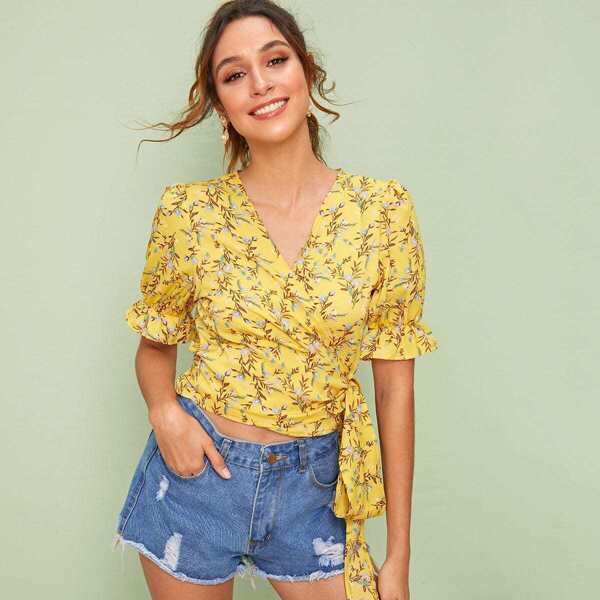 

Ditsy Floral Print Knot Side Wrap Blouse, Yellow