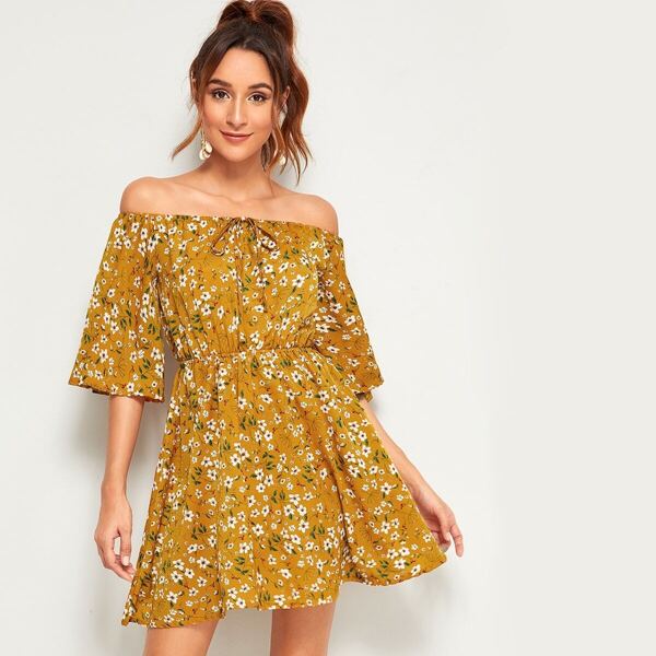 

Ditsy Floral Off The Shoulder Knot Dress