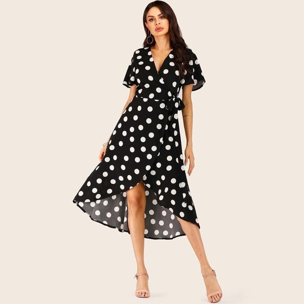 

Polka Dot Knot Side Wrap Dress, Black