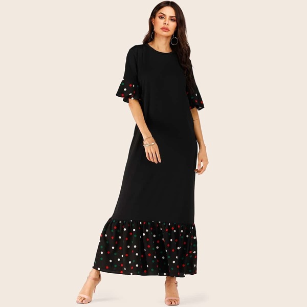 

Colorful Polka Dot Print Contrast Ruffle Hem Dress