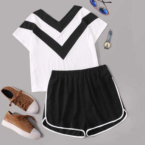 

Chevron Print Tee With Contrast Binding Track Shorts