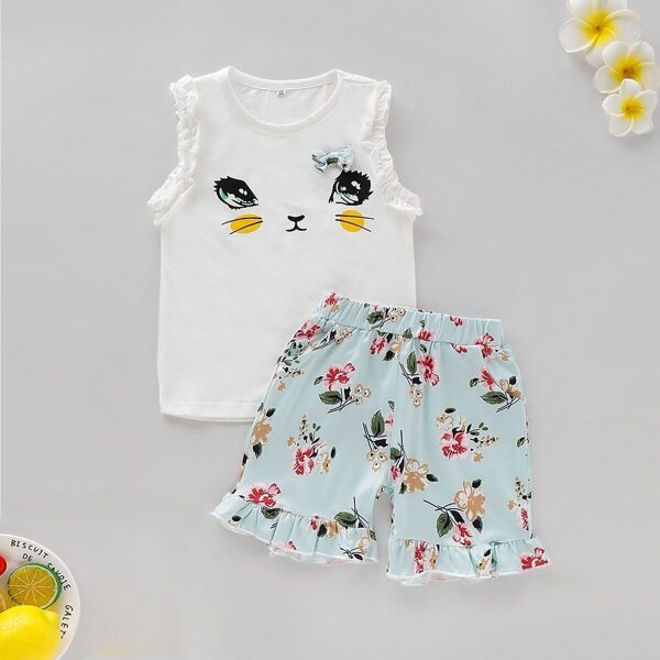 

Toddler Girls Cartoon Print Frill Tank Top With Shorts, Multicolor
