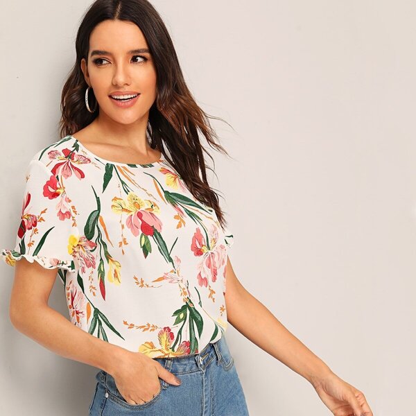 

Floral Print Ruffle Trim Blouse