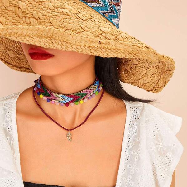 

Pom-pom Decor Double Layered Choker 1pc
