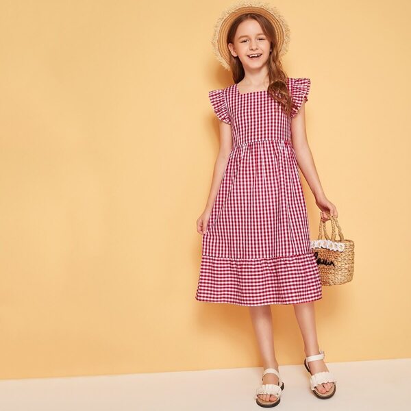 

Girls Ruffle Trim Gingham Dress, Red