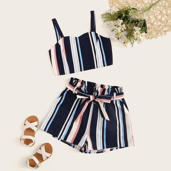 

Girls Striped Crop Top & Belted Shorts Set