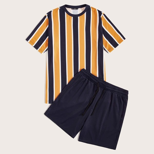 

Men Colorful Striped Top & Shorts Set, Multicolor