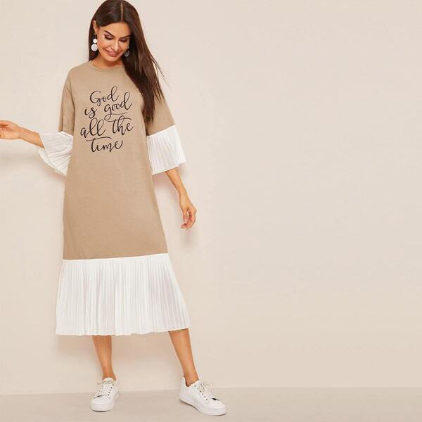 

Slogan Print Bell Sleeve Pleated Dress, Khaki
