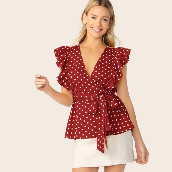

Butterfly Sleeve Polka Dot Belted Top, Burgundy