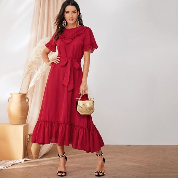 

Ruffle Trim Flounce Hem Belted Dress, Red