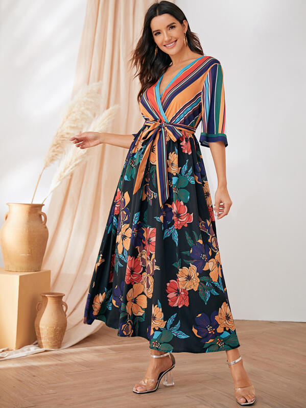 

Surplice Wrap Botanical & Striped Print Dress, Multicolor, Juliana