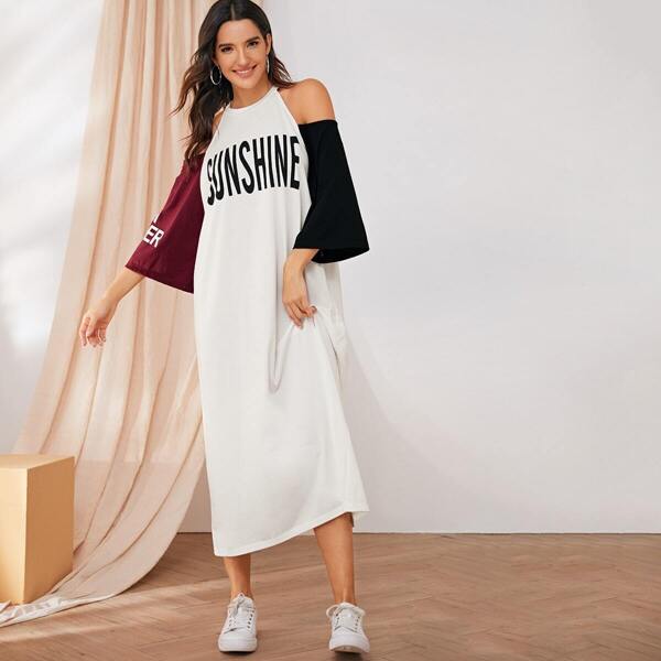 

Cold Shoulder Letter Print Colorblock Tee Dress, White