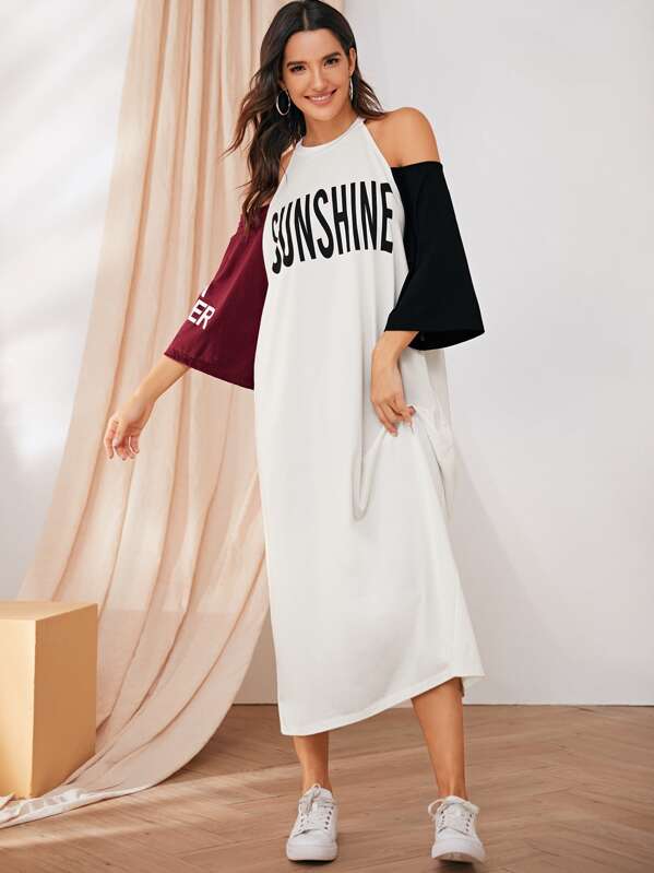

Cold Shoulder Letter Print Colorblock Tee Dress, White, Juliana