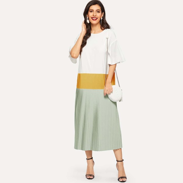 

Bell Sleeve Colorblock Pleated Dress, Multicolor
