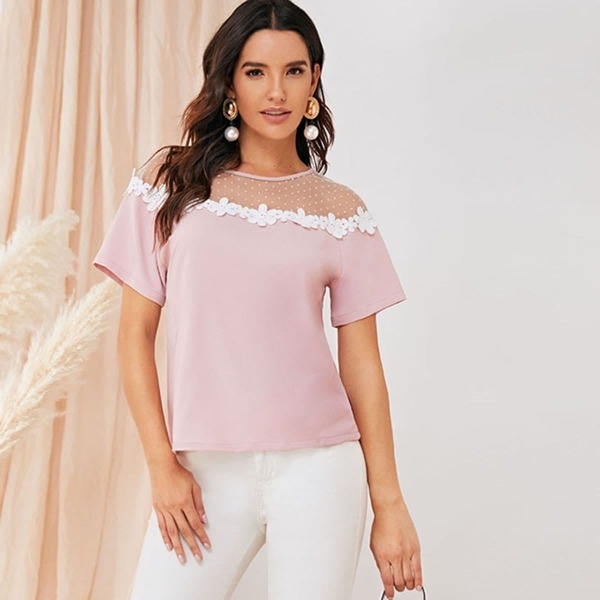 

Dot Mesh Yoke Appliques Detail Top, Pink