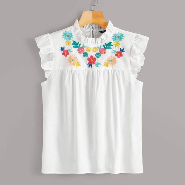 

Ruffle Trim Embroidery Front Smock Top