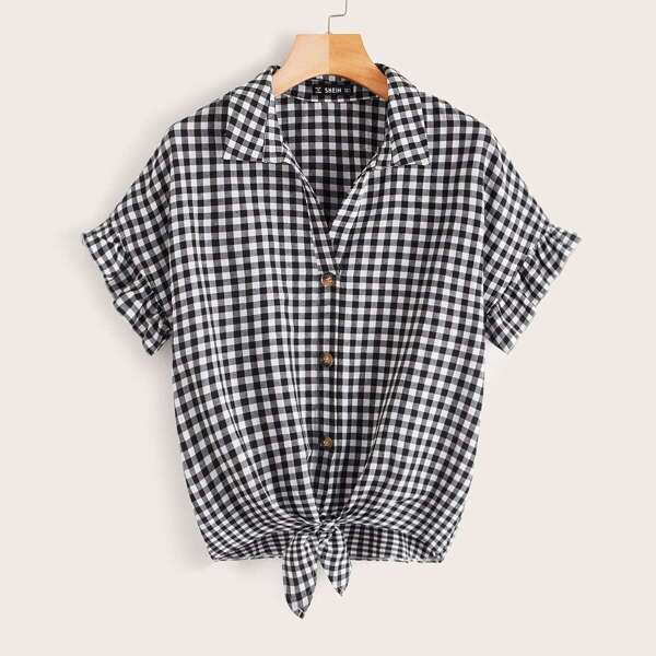 

Gingham Print Ruffle Cuff Knot Hem Blouse