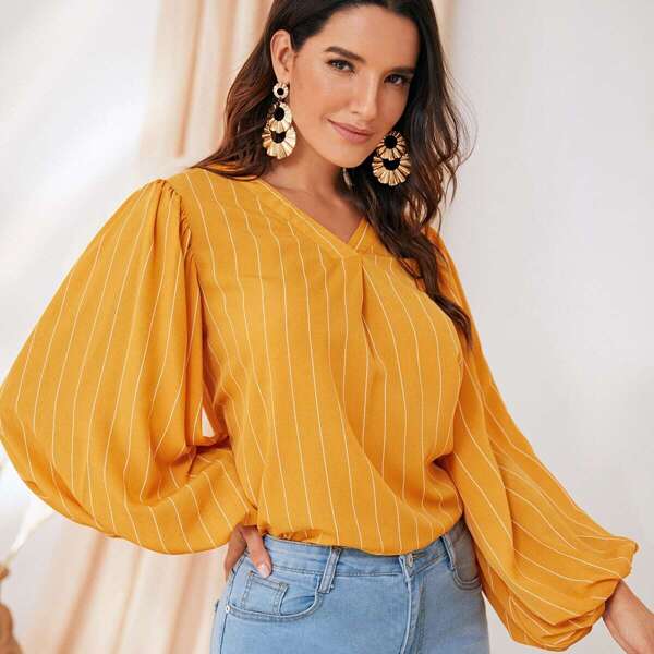 

V Neck Lantern Sleeve Striped Top, Yellow