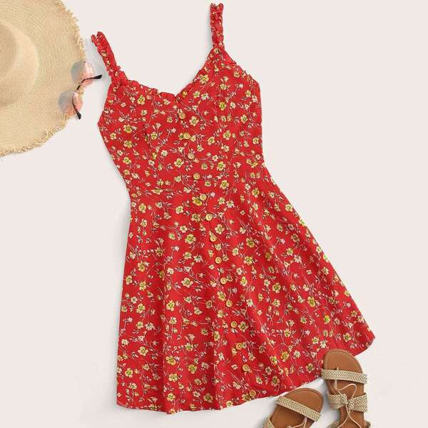 

Frill Trim Single Breasted Ditsy Floral Sundress, Red