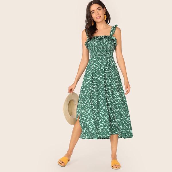 

Frill Trim Shirred Bodice Split Side Dress