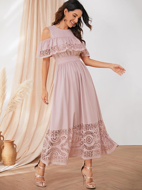 

Cold Shoulder Laser Cut Ruffle Trim Dress, Pink, Juliana