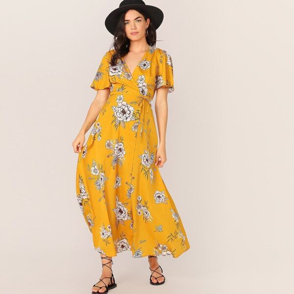 

Floral Print Surplice Neck Belted Wrap Dress