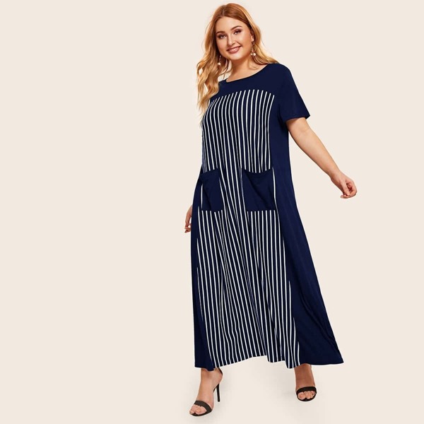 

Plus Pocket Front Striped Dress