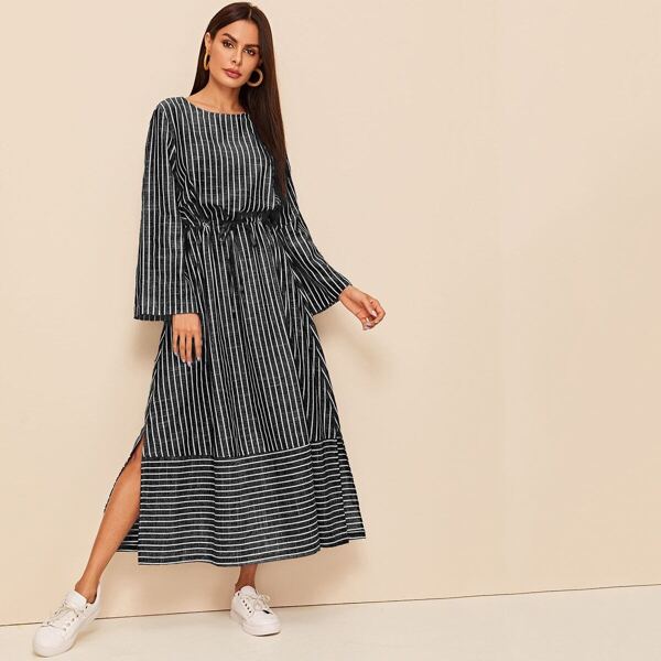 

M-slit Hem Drawstring Waist Striped Dress, Black and white