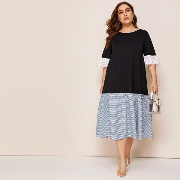

Plus Embroidered Eyelet Cuff Striped Flounce Hem Dress, Multicolor
