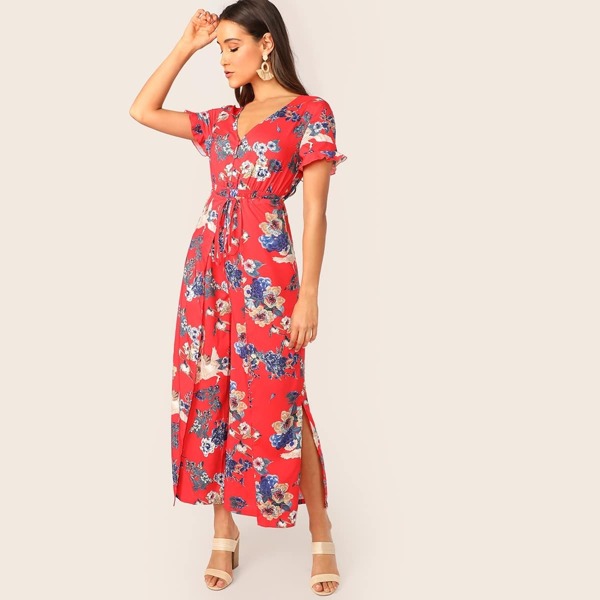 

Button Front Ruffle Cuff Tie Wrap Palazzo Jumpsuit, Red