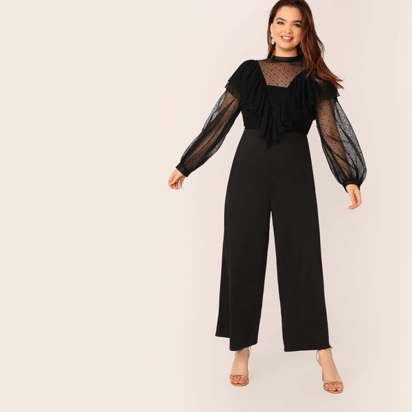 

Plus Dot Mesh Yoke and Sleeve Jabot Collar Jumpsuit, Black