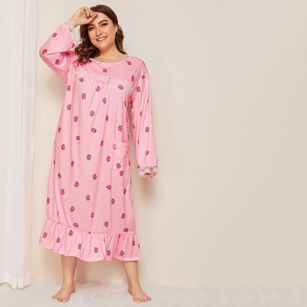 

Plus Lace Trim Pocket Patched Strawberry Print Night Dress, Pink