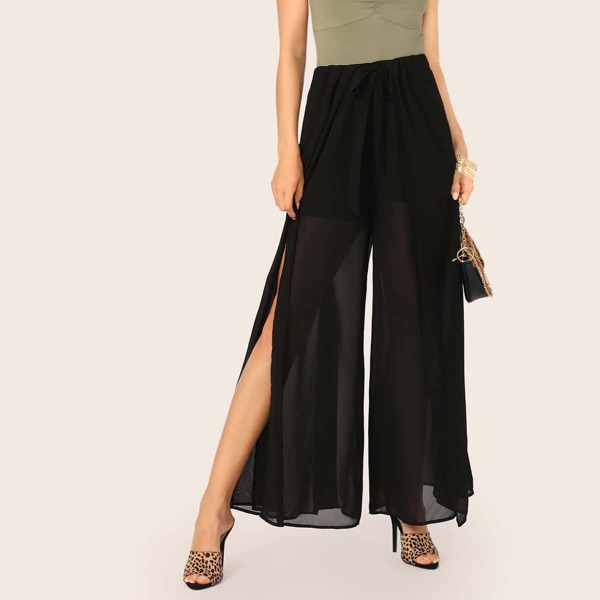 

Tie Waist Split Side Semi Sheer Pants, Black