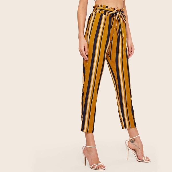 

Paperbag Waist Striped Belted Crop Pants