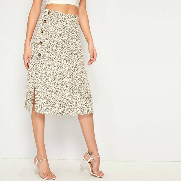 

Button Side Ditsy Floral Split Skirt