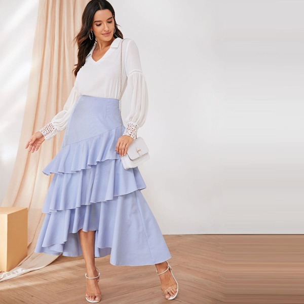 

Tiered Layer Striped Dip Hem Skirt