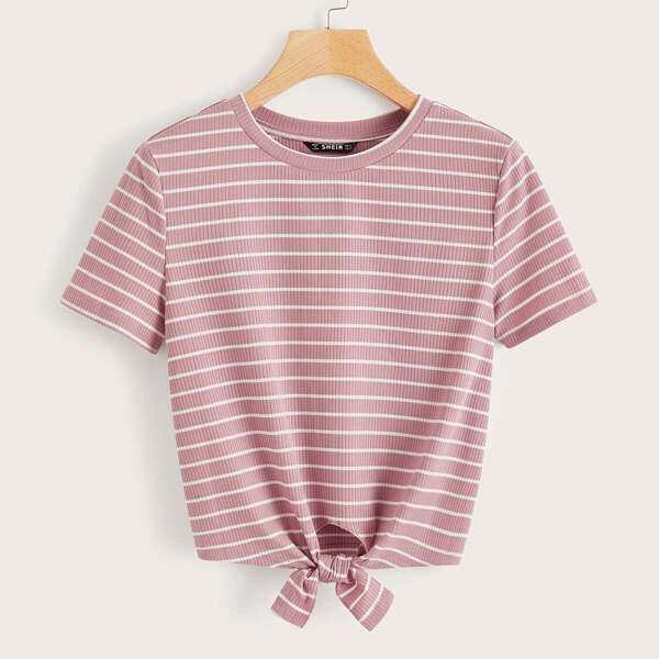 

Knot Hem Rib-knit Striped Top