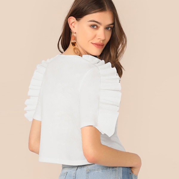 

Solid Pleated Ruffle Trim Top