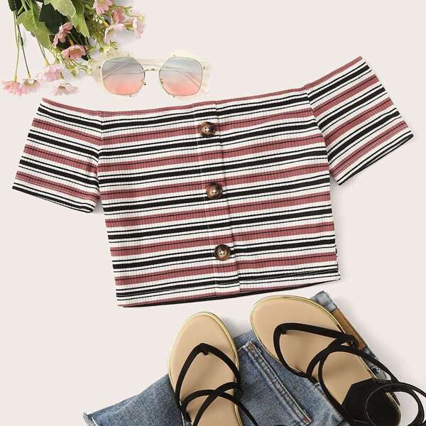 

Button Front Rib-knit Striped Bardot Crop Tee, Multicolor