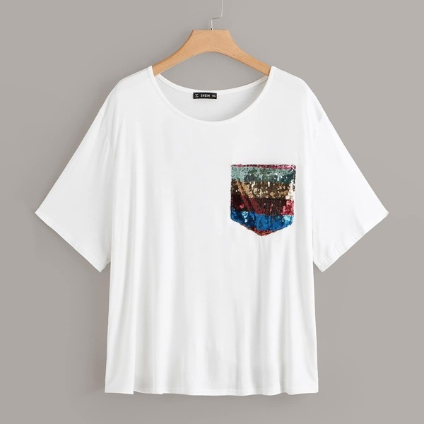 

Plus Striped Sequin Pocket Patched Tee