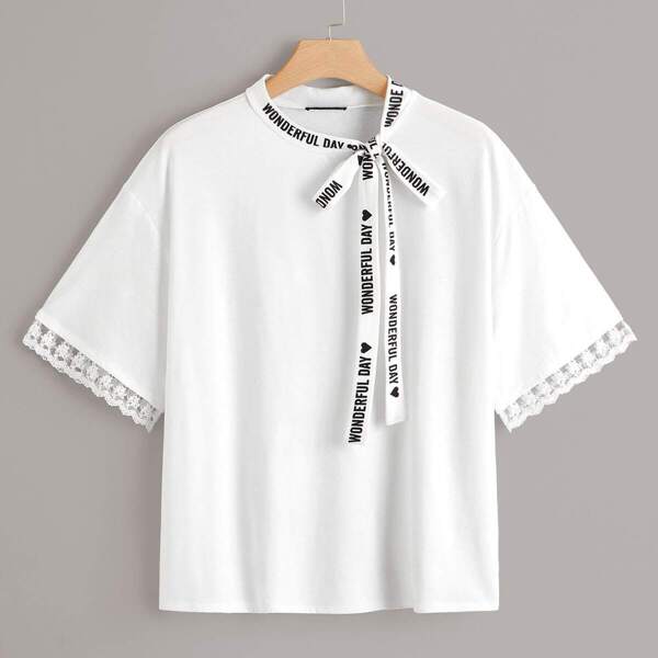 

Plus Drop Shoulder Letter Tie Neck Lace Cuff Top