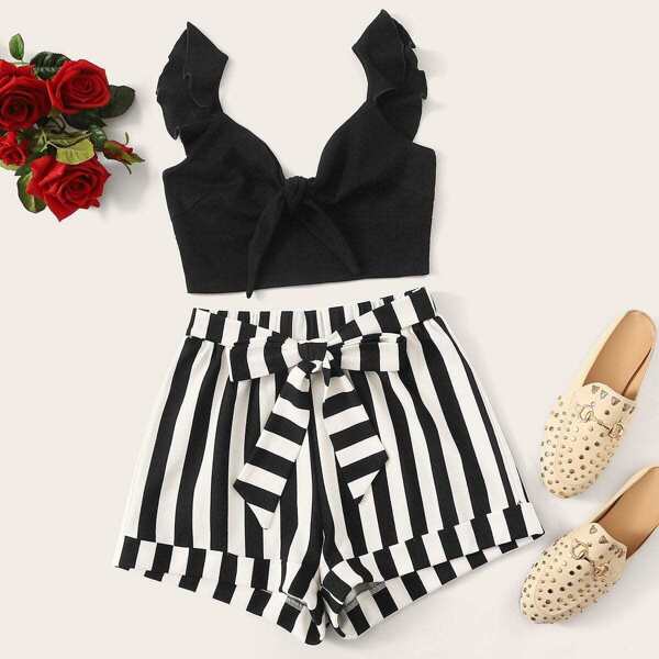 

Knot Front Ruffle Trim Tank Top & Striped Shorts Set