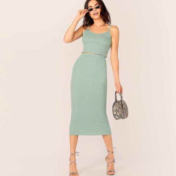 

Solid Cami Top & Pencil Skirt Set, Green pastel