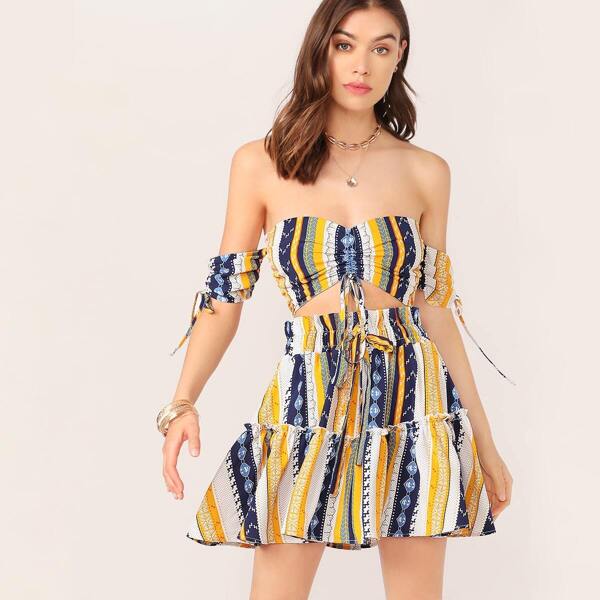 

Aztec Print Drawstring Bardot Top and Skirt Set, Multicolor