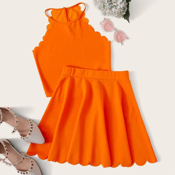 

Neon Orange Halter Top & Scalloped Trim Skirt Set